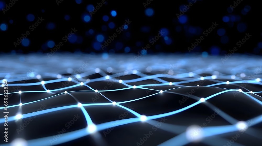 Aufkleber an abstract, futuristic digital background featuring a glowing, luminous network of intersecting lin