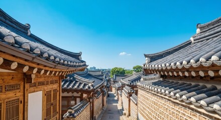 Traditional Korean Hanok Architecture Against Clear Blue Sky