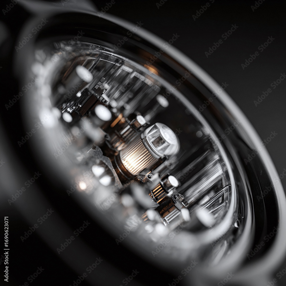 Poster macro shot of a complex mechanism with intricate details and selective focus, evoking precision and 