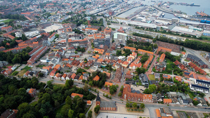 Aerial panorama of the downtown of the city Cuxhaven in Germany on a cloudy summer afternoon.