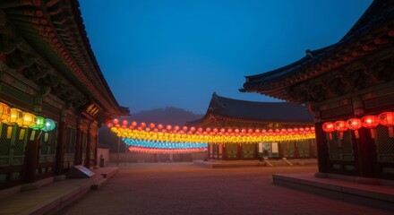 Fototapeta premium Colorful Lanterns Illuminate Traditional Korea at Night in Foggy Scene