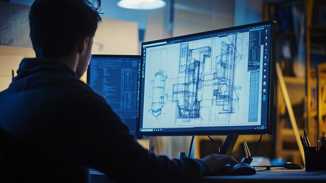 Engineer meticulously designing complex blueprints on dual monitors in a modern tech office at night