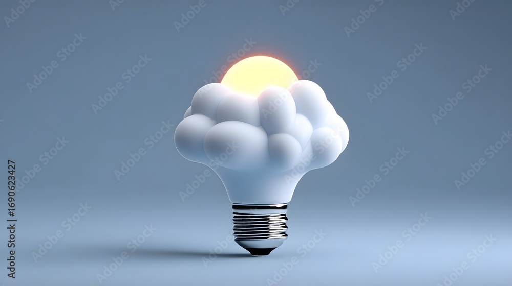Poster an imaginative and conceptual image depicting a cloud-shaped lightbulb, representing the spark of in