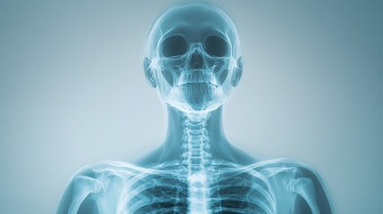 Striking X-ray of human skeleton head, neck, and shoulders, showcasing intricate bone structure in cool blue tones.