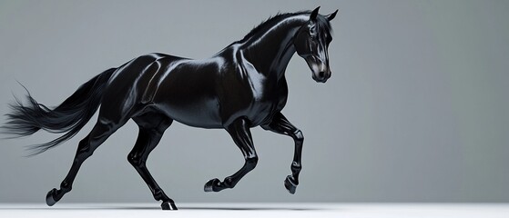 Fototapeta premium Dynamic Close - up of a Vigorous Black Horse Galloping on the Battlefield