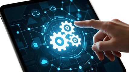 Hand interacting with digital tablet displaying interconnected gears and icons