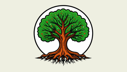 Naklejka premium Sacred tree with roots in circular emblem
