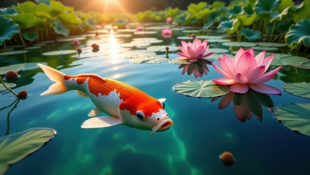 Peces Koi de color naranja y blanco con escamas intrincadas que nadan con gracia en un estanque sereno y cristalino