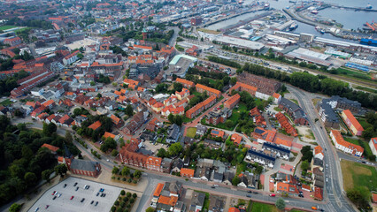 Aerial panorama of the downtown of the city Cuxhaven in Germany on a cloudy summer afternoon.