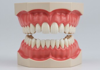 Obraz premium A dental model showing the upper and lower teeth with pink gums on a white background in a studio shot