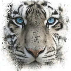 Naklejka premium A close-up portrait of a striking white tiger, showcasing its intense blue eyes and intricate coat patterns against a backdrop of textured splatters.