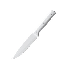 A white kitchen knife, angled, with a  handle and sharp blade