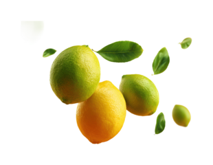 Fresh green and yellow lemons floating in air nature scene high-quality isolated on transparent background, png