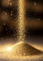 A golden cascade of glittering particles descends, forming a mound of shimmering dust.