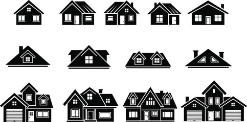Silhouettes of Twelve Unique House Designs in Varied Architectural Styles, Residential Building Layouts, Roof Shapes, Real Estate Concept Vector Art