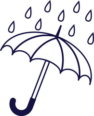 Umbrella cane outline icon in blue colors with rain drops isolated on white.