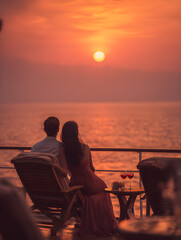 Fototapeta premium Romantic Couple Watching Golden Sunset by Ocean with Red Wine