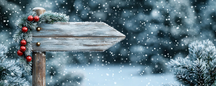 Fototapeta Rustic wooden arrow sign frosty pine garland red berry decoration winter snowfall snowy forest background festive holiday mood copy space