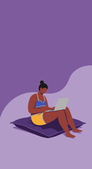 Woman relaxing at home, using a laptop while sitting on a cushion. Perfect for themes of remote work, online learning, or digital lifestyle.