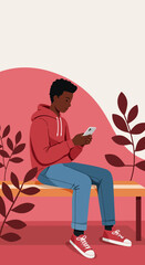 Young man sitting on a bench, happily engaging with his smartphone. Represents modern communication, technology, and casual urban lifestyle.