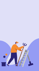 Professional illustration of a man engaged in gardening or farm work, holding a pitchfork near a ladder. Represents labor, agriculture, and growth.