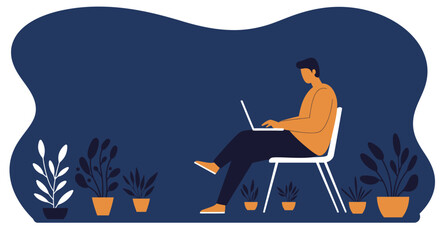A focused man works remotely on a laptop in a modern, plant-filled indoor setting. Ideal for themes of productivity, flexible work, and modern lifestyle.