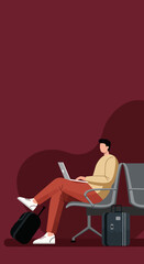 A person sitting in a waiting area, working on a laptop with luggage nearby, illustrating remote work, business travel, or productive leisure.