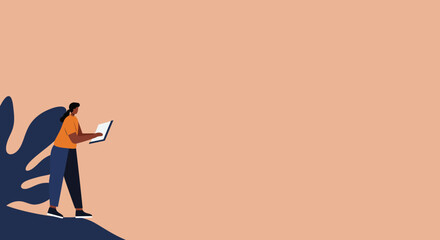 Stylized illustration of a woman using a laptop, representing remote work, online learning, or digital tasks in a modern, minimalist setting. Ideal for technology, business, and lifestyle concepts.