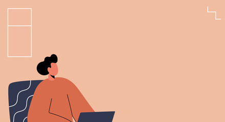 Casual illustration of an individual focused on a laptop, depicting remote work, online education, or digital communication. Copy space included.