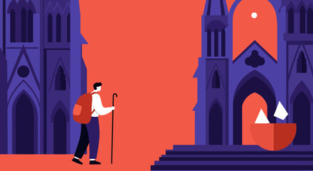 Traveler with a backpack and walking stick exploring ancient Gothic architecture, symbolizing a journey of discovery or pilgrimage. Ideal for travel, history, or spiritual content.
