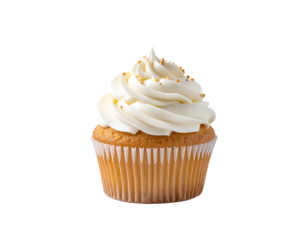 Single vanilla cupcake with a generous swirl of frosting, golden sprinkles