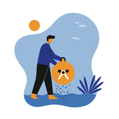 Person feeds aquatic life or distributes nutrients into water in a natural setting under the sun. Represents environmental care and animal welfare.