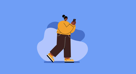 Modern woman walking and using a smartphone, symbolizing digital communication, online connectivity, and an active mobile lifestyle. Great for technology, business, or everyday scenes.