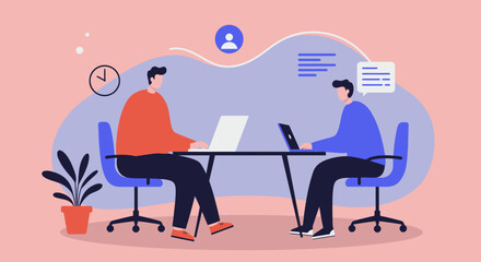 Two men collaborating on laptops in a modern office, symbolizing teamwork, productivity, and remote work. Ideal for business, technology, or lifestyle concepts.