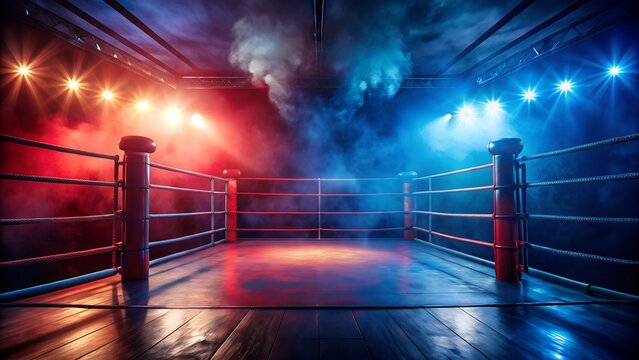 An empty boxing ring bathed in dramatic red and blue light, smoke swirling, ready for the intense battle and competition in the illuminated arena