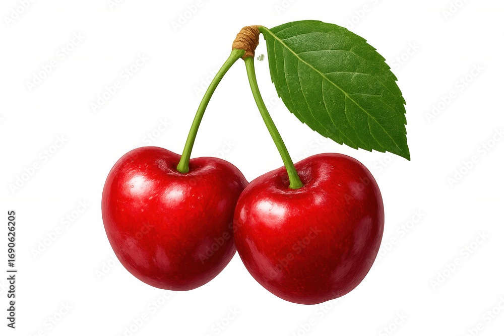 Poster two shiny red cherries with stems and a single green leaf, isolated on a transparent background, cre