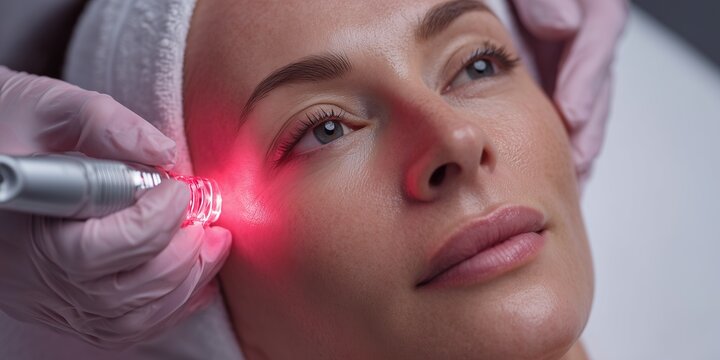 Close-up of woman receiving laser treatment on her face with pink gloved hands holding device showing bright red light, concept for facial rejuvenation, skin treatment and dermatological procedures