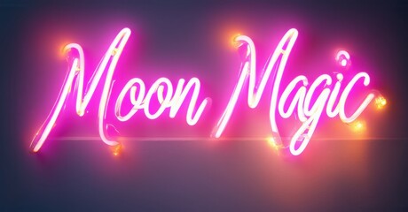 Bright pink neon sign displays Moon Magic. Dramatic lighting creates vibrant glow, dark background enhances visual impact.
