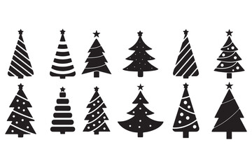 Obraz premium Christmas Tree Silhouette Vector Set, Holiday Decoration Icons, Festive Winter Symbols, Star Topped Trees, Garland Lights, Cad Drawing Flat Vector Illustration
