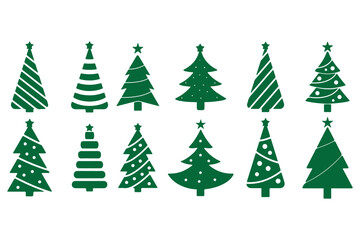 Christmas Tree Silhouette Vector Set, Holiday Decoration Icons, Festive Winter Symbols, Star Topped Trees, Garland Lights, Cad Drawing Flat Vector Illustration
