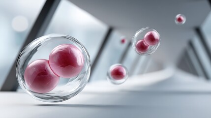 Pink spheres in clear protective pods, modern interior
