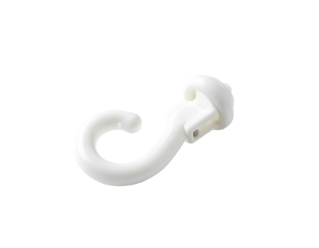 White plastic hook, curved shape, with a base