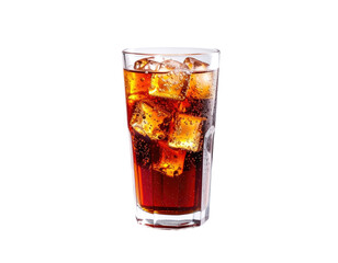 A tall glass of dark-brown soda with ice cubes