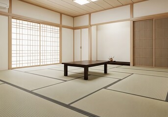 A minimalist Japanese-style room with a wooden low table and tatami mats, showcasing a serene and tranquil atmosphere.