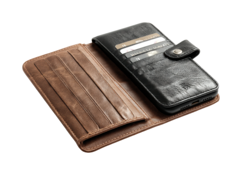Smartphone wallet case open displaying cards and phone product isolated on transparent background, png - Powered by Adobe