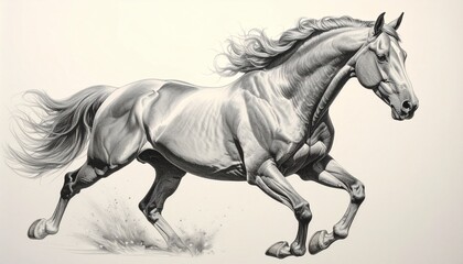 Obraz premium A majestic stallion in motion, depicted in a detailed grayscale drawing, showcasing its powerful musculature and flowing mane.