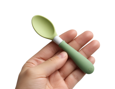 Feeding action with green spoon baby care context home environment view isolated on transparent background, png