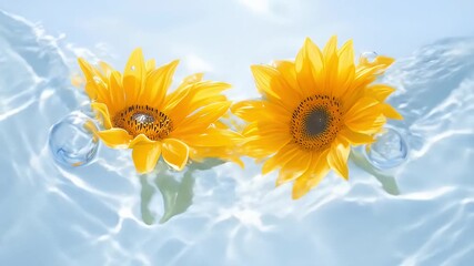 Two Yellow Sunflowers Floating on Clear Water Surface with Light Reflections - Powered by Adobe