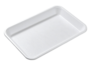 Rectangular, white food tray, likely plastic