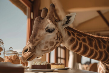 Giraffe Eating Cake from Tall Skyscraper Roof